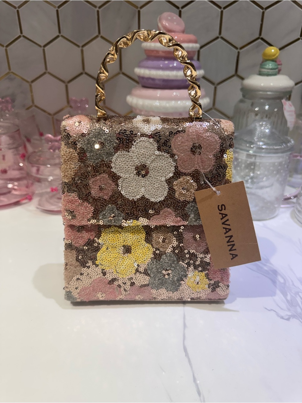Savannah Pink Yellow White Floral Sequin Top-Handle Mini Bag